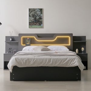 이홈데코 스텔라 LED 서랍 수납 높은 침대 (라인) SS Q K