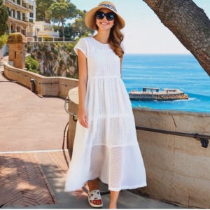 하모니 화이트 플라워 레이스 펀칭 캡소매루즈핏 티어드 롱 원피스[여름 반팔 면 꽃무늬 캉캉 박시 박스 라운드 긴 고급 데일리룩 여행룩 나들이룩 휴양지룩 바캉스룩 명품보세 편한 브랜