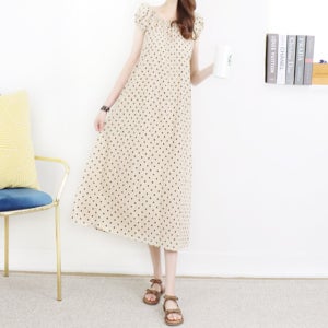 러빙유 베이지 도트 양면 라운드넥 오프숄더백버튼 루즈핏 A라인 롱 린넨 원피스[여름 패턴 면 땡땡이 나염 박시 박스 마원피스 밴딩 캡소매 반팔 긴 고급 데일리룩 여행룩 나들이룩 휴