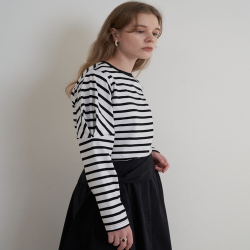 [라비올렛트] Heart Puff Sleeve Stripe T-Shirt