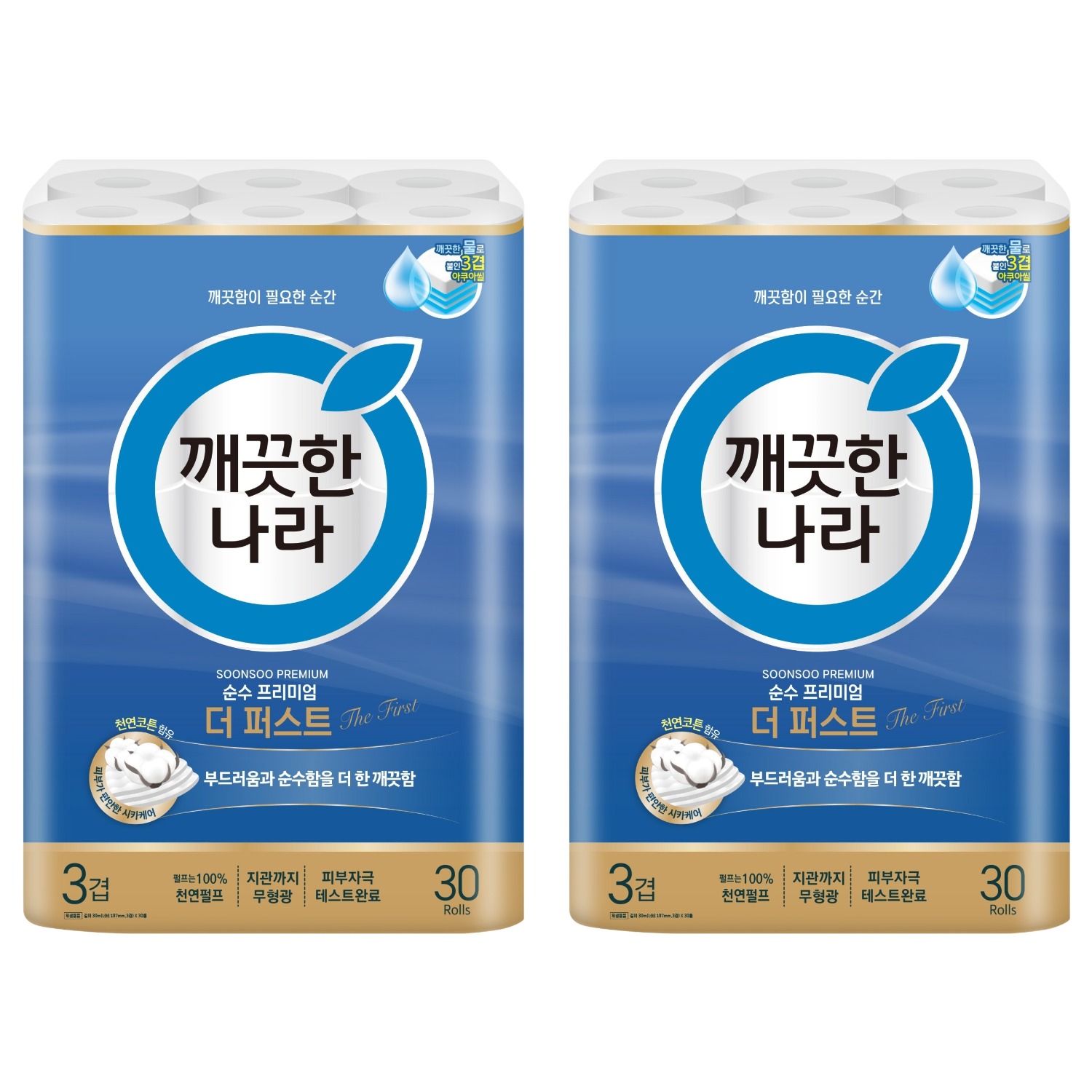 깨끗한나라 순수 프리미엄 더 퍼스트 천연펄프 3겹 고급롤화장지 30m, 30롤, 2팩