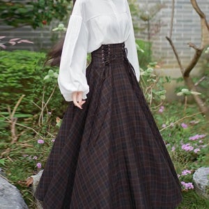 브라운체크 프렌치 레트로 경성의상 긴팔 투피스 세트(블라우스+치마) 교복 학생복