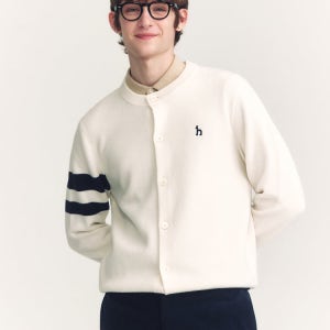 헤지스 남성 24FW 소매 배색 울 이중직 라운드 가디건 HZSW4D200IV