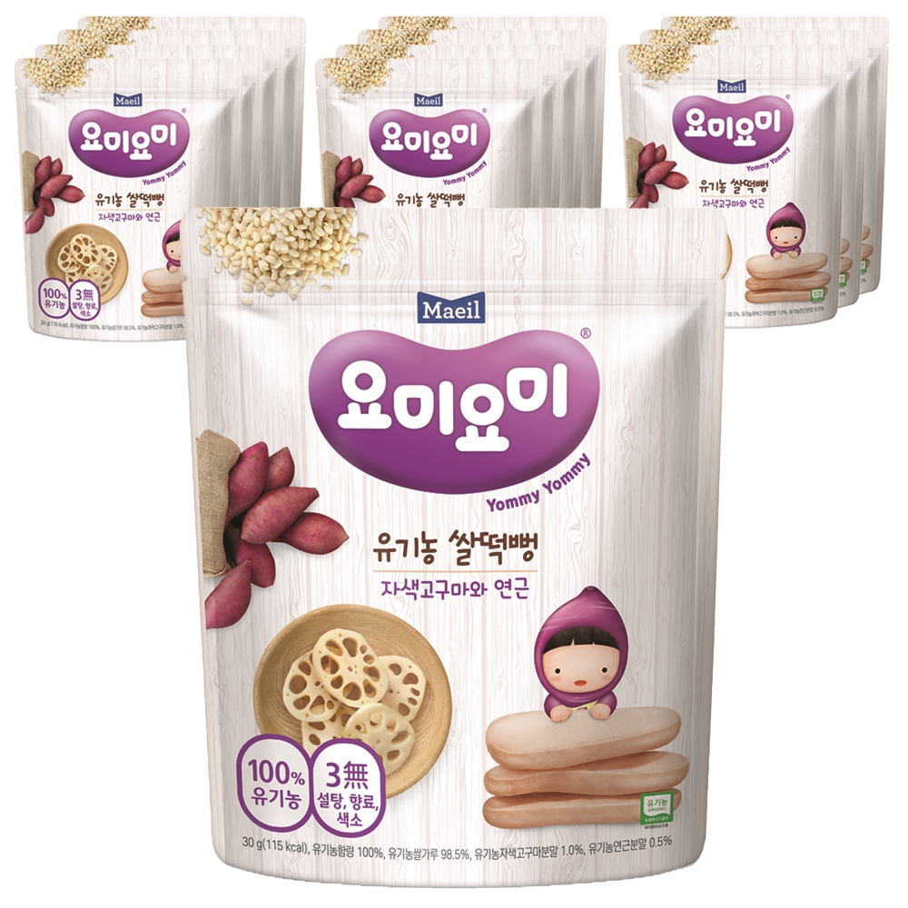 YomiYomi Organic Rice Snack Purple Sweet Potato and Lotus Root 30g, 12 Packs, Soft Baby Snack