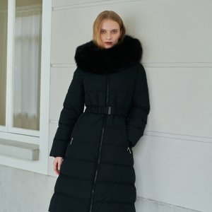 [헤지스 여성] 헤지스레이디스 24FW 폭스퍼 탈착 구스다운 롱코트 100 095 HSJU4D783BK