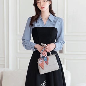 [베스트디자인/2,000장판매]디에이  배색 오픈카라 벨트 플레어 원피스(롱,미니)