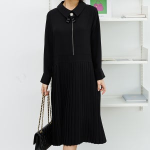 [THE BLACK] 리보느플리츠원피스 OPB4009[66사이즈,77사이즈,88사이즈,빨강,밤색,검정,프리사이즈]