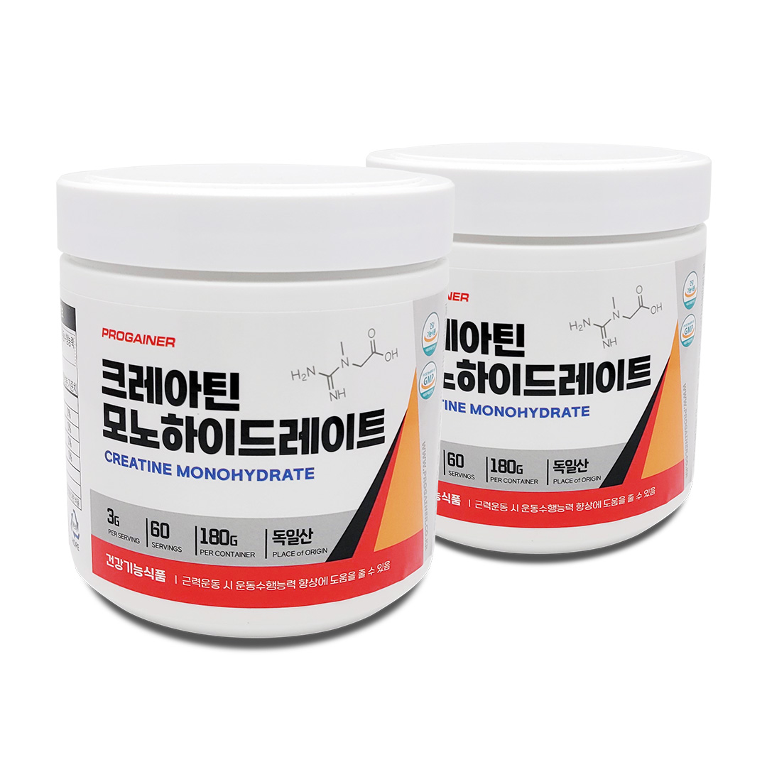 <b>프로게이너</b> 크레아틴 모노하이드레이트 독일산 100% 근지구력 <b>운동</b>부스터 CREATINE  2개  180g