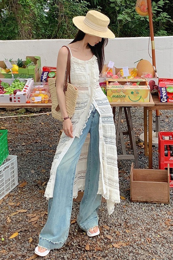 레이스 슬링 휴가철 바캉스룩 버튼 롱원피스