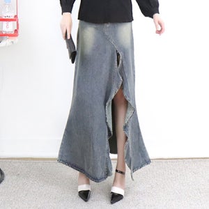 아젤리아 빈티지 깊은 프릴 앞트임A라인 롱 데님 스커트(S~XL사이즈까지)[청 치마 워싱 포켓 블루 긴 디자이너 풀 봄 가을 고급 브랜드 편한 명품보세 데일리룩 여행룩 기본 러블리