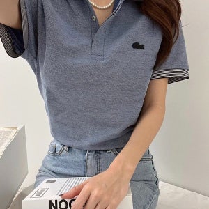 라코스테 남녀공용 레귤러핏 스트라이프 피니시 코튼 카라 티셔츠