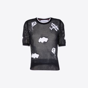 톰브라운 여성 스카이 아이콘 하프드롭 메시 코튼 반팔 티셔츠 네이비 FJS110A 08056 415