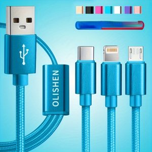 올리센 3-in-1 나일론 브레이디드 USB 충전 케이블, 라운드 매트 마감, for iPhone, USB 및 Type-C 장치를 위한 빠른 데이터 동기화 및 충전, 범용 호환성,
