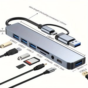 THLAN 8-포트 USB 3.0 & Type-C 허브, 오디오 마이크 및 SD/TF 카드 리더가 있는 이중 용도, 노트북, 맥북 프로, 아이맥, 아이패드 프로용 - 충전되지 않은