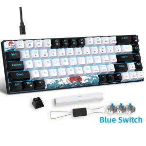 HXSJ 68키 기계식 게이밍 키보드, Windows/Mac/PC/노트북용, 블루 백라이트 및 분리형 Type-C 케이블 포함 미니 유선 키보드, Type-C 유선 연결, 스위치