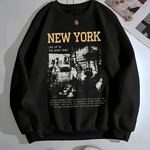 캐주얼 풀오버 스웨트셔츠, 라운드 넥, 긴팔, 뉴욕 그래픽 프린트, 스트리트웨어, 컴포트 핏