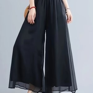 우아한 펄 쉬폰 와이드 레그 팬츠 - 여름 신상품, 가볍고, 춤추기에 적합하고, 하이웨이스트, 릴렉스 핏, 롱 팬츠, 성인 사이즈, 폴리에스테르 블렌드, 신축성있는 허리띠, 캐주얼