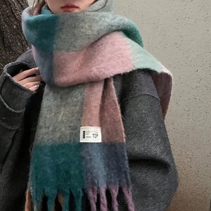 세련된 대비 색 사각형 격자 청키 스카프 우아한 두꺼운 따뜻한 술 목도리 가을 겨울 Coldproof Windproof 래핑 된 목 스카프