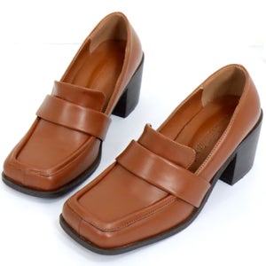 럭셔리 레이디 브라운 스퀘어토 로퍼 펌프스(230~250사이즈까지)[통굽 구두 미들 힐 가죽 클래식 봄 가을 발 편한 수제화 명품보세 고급 브랜드 디자이너 데일리 여행]