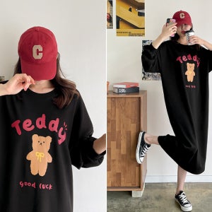 럭키베어 루즈 긴팔 롱 원피스