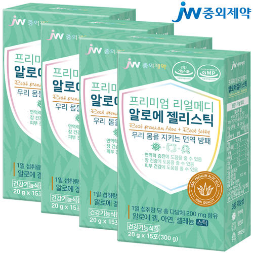 JW중외제약 리얼메디 알로에 젤리 스틱 15포 x 4박스 베라 겔 <b>면역</b> 알로에젤리스틱 다당체 <b>면역</b>력 장건강 피부건강