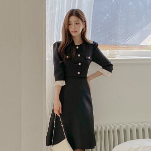 로제 플리츠 소매 A라인 트위드 원피스