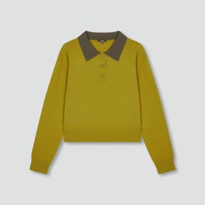 [자주] 여 카라 배색 니트 - 올리브 (J114402305)