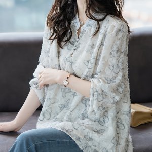 봄/가을 V넥 긴팔 나비 프린트 셔츠, 폴리에스터 원단 상의, 비 늘어나는, 컬러 블록 디자인