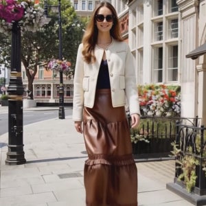 여심자극 브라운 프릴 티어드 A라인 밴딩롱 가죽 스커트[캉캉 긴치마 허리 밴드 고무줄 레더 레자 풀 봄 가을 겨울 고급 브랜드 편한 명품보세 데일리룩 디자이너 여행룩 기본 러블리]