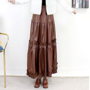 여심자극 브라운 프릴 티어드 A라인 밴딩롱 가죽 스커트[캉캉 긴치마 허리 밴드 고무줄 레더 레자 풀 봄 가을 겨울 고급 브랜드 편한 명품보세 데일리룩 디자이너 여행룩 기본 러블리]
