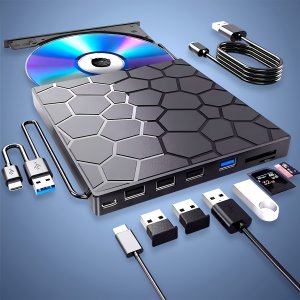노트북용 외부 CD/DVD 드라이브, 노트북용 DVD 플레이어, 8in 1 USB 3.0 초슬림 휴대용, 노트북 및 데스크탑 맥 호환 DVD/CD 버너 광학 디스크 드라이브,