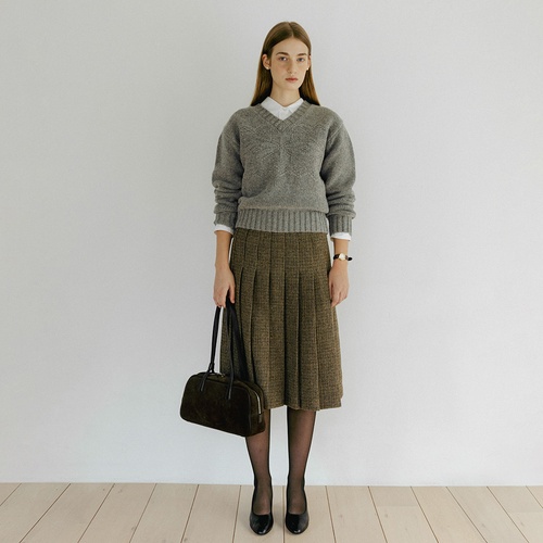 [튜드먼트] CHECK PLEATED MIDI SKIRT BROWN