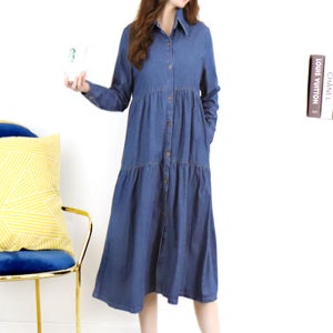 마이걸 티어드 루즈핏 오픈형 데님 원피스[캉캉 카라 청원피스 포켓 버튼 단추 셔츠 남방 셔링 롱 긴팔 봄 가을 고급 명품보세 데일리룩 여행룩 편한 브랜드 러블리 디자이너 날씬해보이