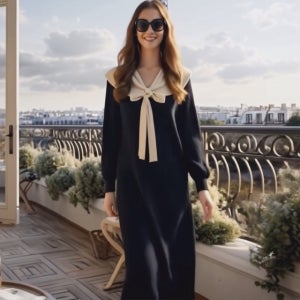 고저스 블랙 프릴 네크라인 넥 리본 루즈핏롱 니트 원피스[배색 긴팔 박시 박스 브이넥 V넥 부드러운 소프트 봄 가을 겨울 고급 명품보세 데일리룩 여행룩 편한 브랜드 러블리 디자이너