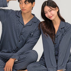 [에이원] [SET] 커플 피치기모 핀스트라이프 카라 잠옷 핀스트라이프 카라 잠옷