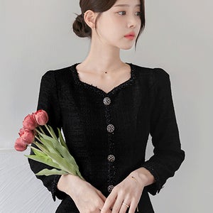 리니아 스윗하트넥 트위드 펄 프린지 페미닌 원피스