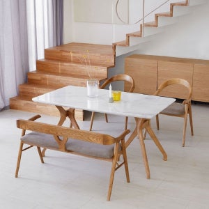 스코나 버튼스 비앙코 천연 대리석 애쉬원목 1500 4인 식탁세트(벤치형)