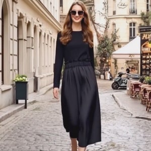 스위트 레이디 블랙 루즈핏 니트 배색프릴 스모크 하이웨이스트 롱 원피스[긴팔 박시 박스 미디 롱 면 봄 가을 겨울 고급 명품보세 데일리룩 여행룩 편한 브랜드 러블리 디자이너 날씬해