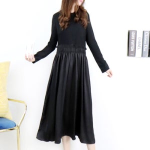 스위트 레이디 블랙 루즈핏 니트 배색프릴 스모크 하이웨이스트 롱 원피스[긴팔 박시 박스 미디 롱 면 봄 가을 겨울 고급 명품보세 데일리룩 여행룩 편한 브랜드 러블리 디자이너 날씬해