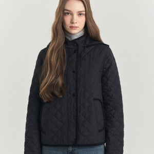 [헤지스 여성] 헤지스레이디스 24FW 역시즌세일 체크안감 후드 숏 퀼팅 점퍼 90 085 HSJU4D911BK