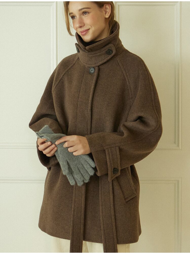 [논로컬] Raglan Belted Wool Half Coat - Brown 진한갈색 N24WTOT001BR