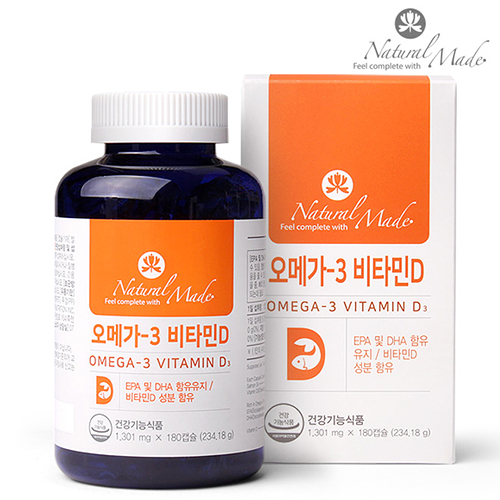 네츄럴<b>메이드</b> 오메가3 비타민D 혈중 <b>중성</b>지질개선 혈행개선 뼈건강 골다공증예방 도움 180캡슐 캐나다직수입  1개