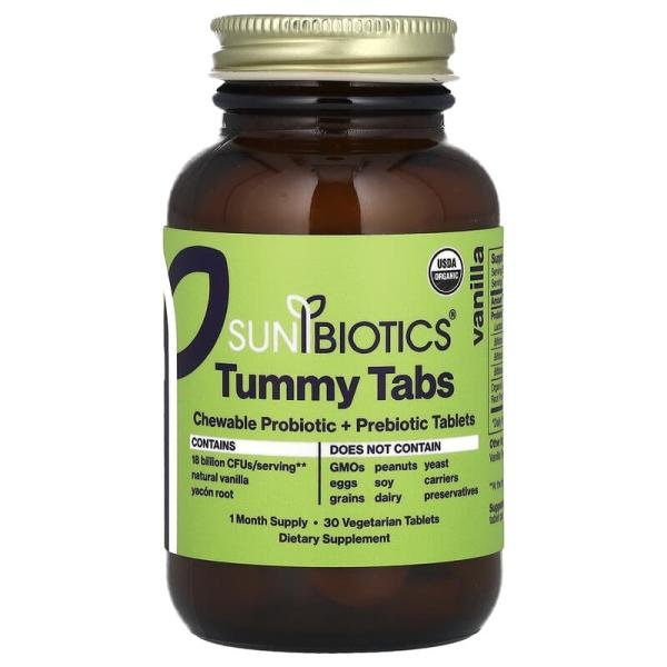 <b>Sunbiotics</b>, Tummy 정제, 츄어블 프로바이오틱 + 프리바이오틱, 바닐라, 베지 정