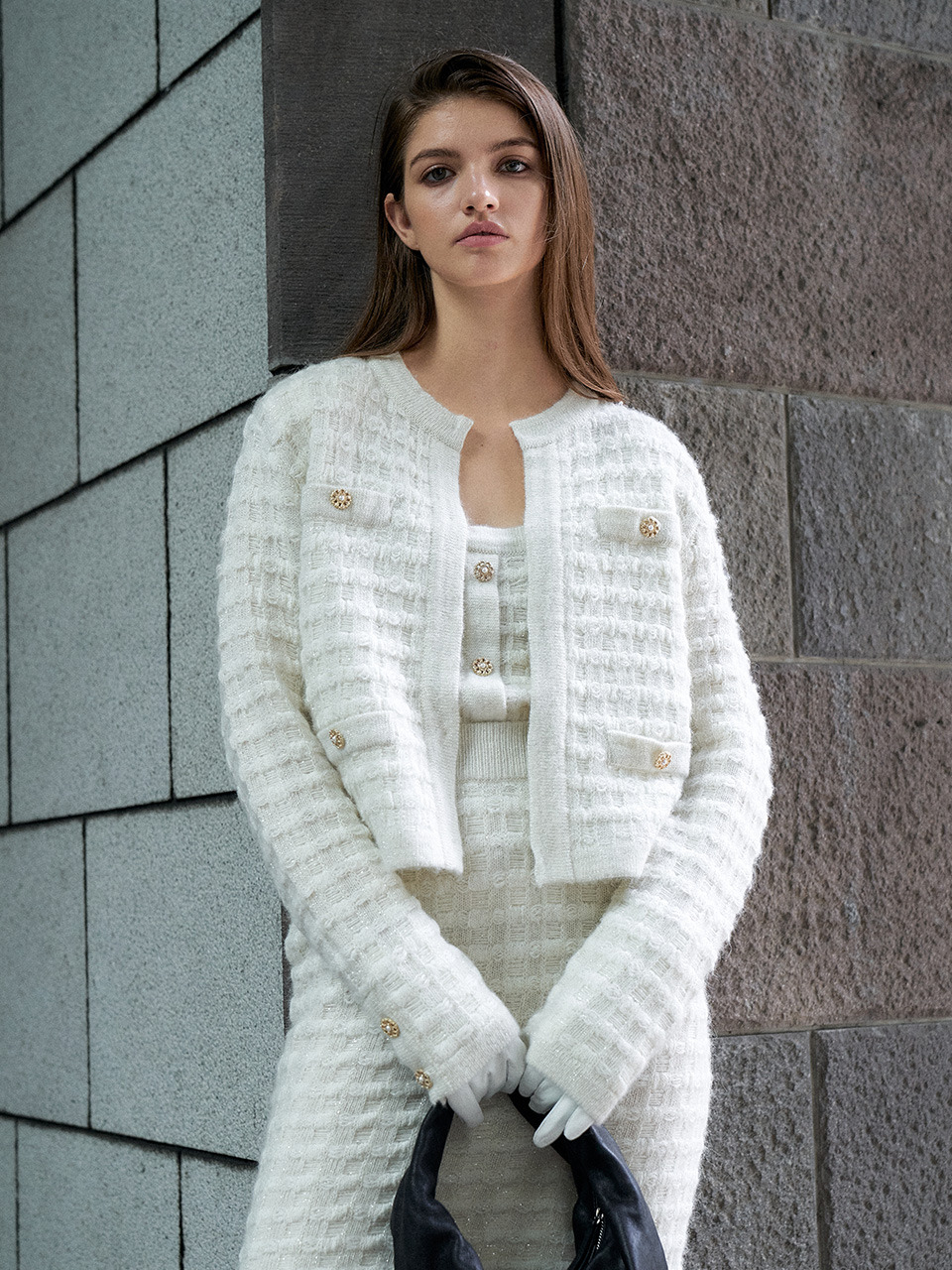 [르네제이] Tweed Round Knit Cardigan