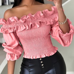 1pc 우아한 단색 오프 더 숄더 탑, 러플 디테일과 퍼프 소매, 모든 계절을 위한 쉬어드 폴리 에스터 블라우스.