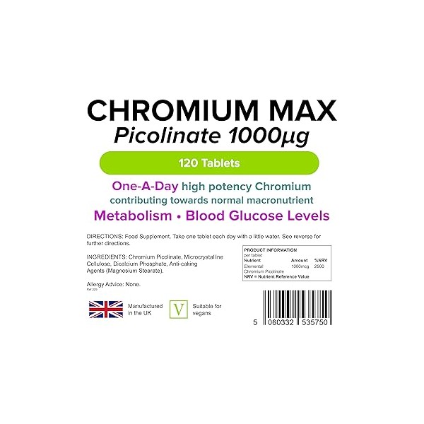 Lindens 크롬 최대 1000mcg 피콜리네이트 - 120정 <b>해독</b> 대사 혈당 <b>메가</b> 포텐시(2500％ NRV) 4개월 공급 영국 제조업체 Letterbo  1개