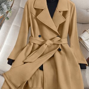 1pc 우아한 플러스 사이즈 트렌치 코트, 폴리에스테르 라펠 솔리드 컬러 비탄성직물, 가을/겨울 아우터웨어