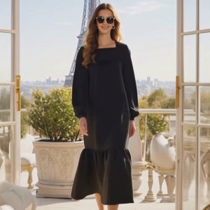 사랑스러운 블랙 스퀘어넥 티어드주름소매 루즈핏 롱 코듀로이 원피스[캉캉 긴팔 골덴 면 박시 박스 브라운 봄 가을 겨울 고급 명품보세 데일리룩 여행룩 편한 브랜드 러블리 디자이너 날