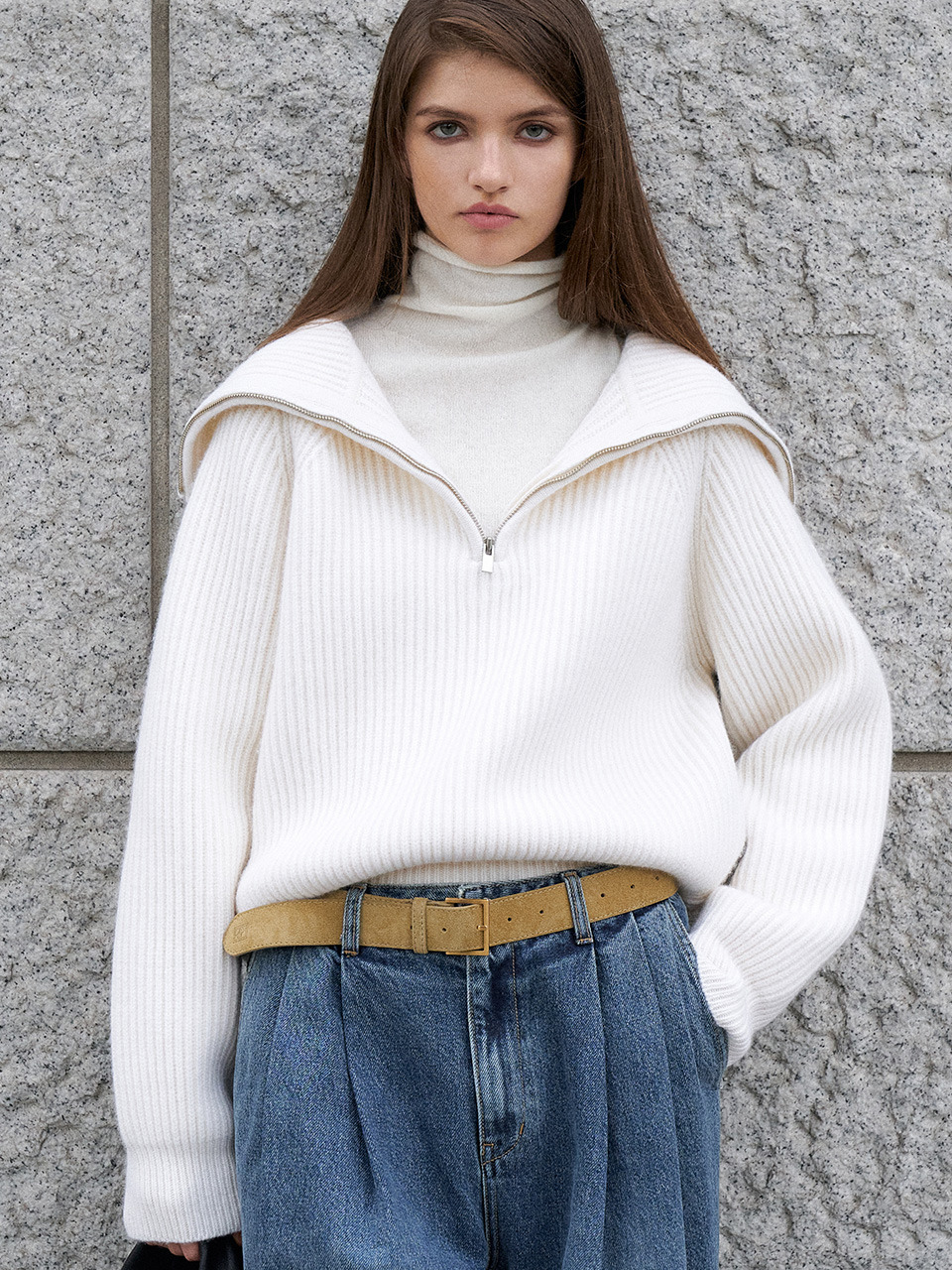 [르네제이] Wool Wide Ribbed Half Zip-up