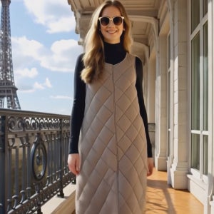 마이 걸리쉬 카키브라운 다이아몬드 퀼팅A라인 슬리브리스 압축 패딩 롱 원피스[누빔 민소매 나시 뷔스티에 레이어드 포켓 방한 따뜻한 긴 겨울 고급 명품 원단 보세 데일리룩 여행룩 편